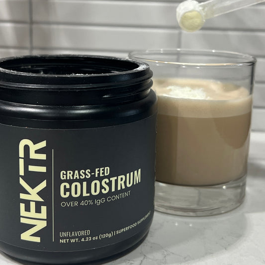 Nektr Bovine Colostrum Benefits Gut Health, Immunity, Skin + Hair and Muscle Recovery. Packed with nutrients this whole colostrum powder is pure potent and benefits your whole body health.