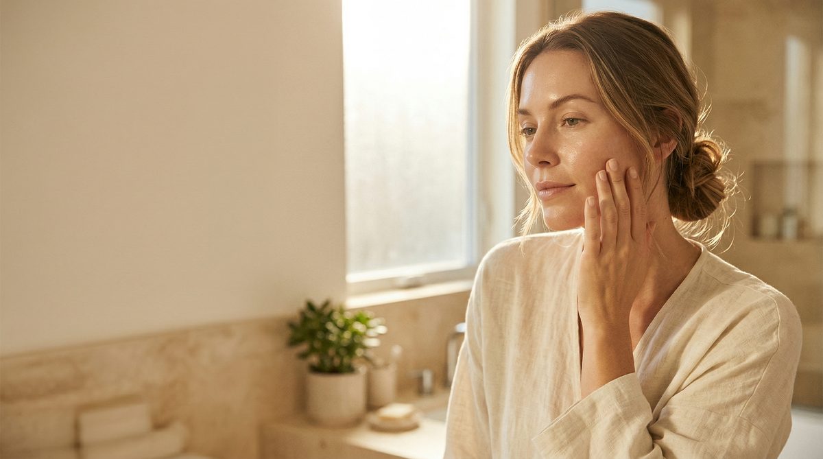 Woman touching her glowing skin in morning light