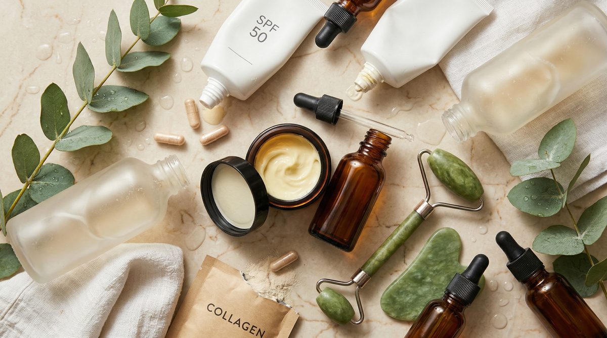 Flat lay of skincare products on marble countertop