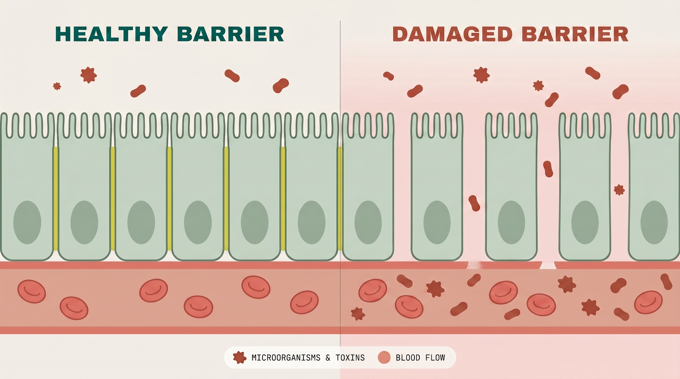 Side-by-side comparison of a healthy gut barrier versus a damaged one